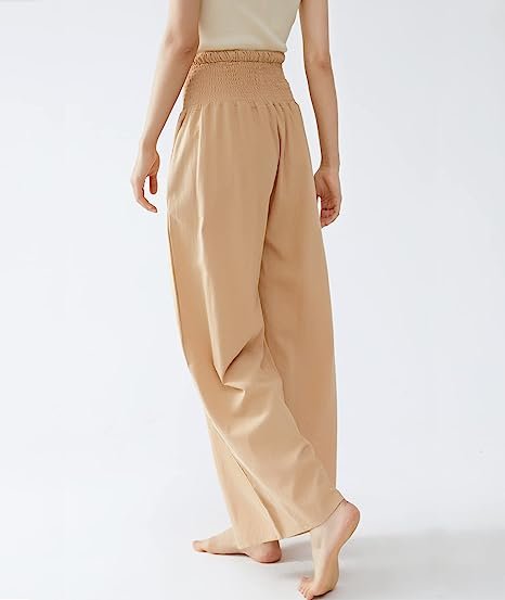Ladies Linen Trousers, High Waist Pocket Cotton Linen Wide Leg Pants