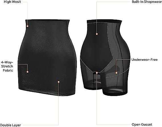 Women's Black Shapewear Faux Leather Skirt with Built-in Shapewear High Waist Tight Slit Midi Skirt