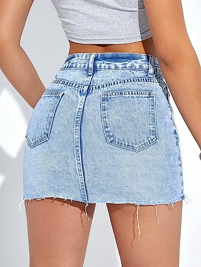 Women's Casual Ripped Jean Skirt High Waist Raw Hem Mini Denim Skirts
